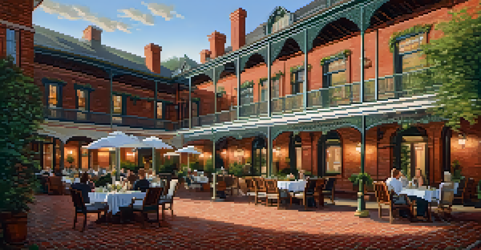 A cozy courtyard of the Horton Grand Hotel featuring Victorian decor, antique furnishings, and warm lighting.