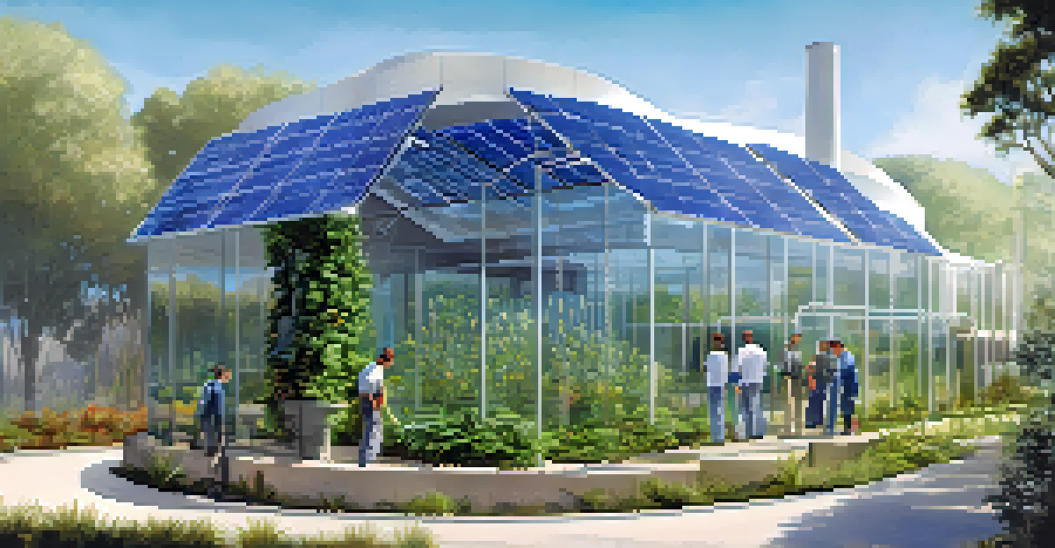 A sustainable biotech research facility in San Diego with solar panels and vertical gardens, surrounded by nature and researchers discussing eco-friendly innovations.