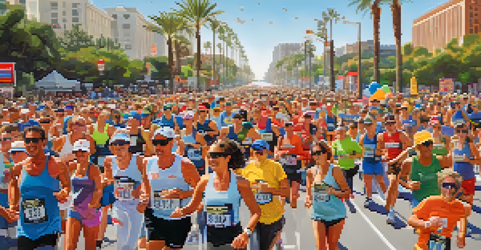 Participants running in the Rock 'n' Roll Marathon with spectators cheering, surrounded by palm trees and vibrant banners.