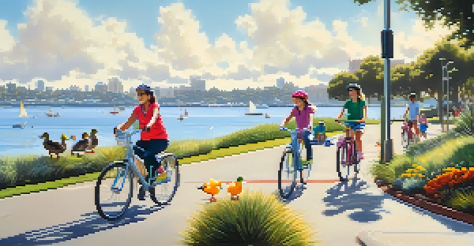 A family enjoying a bike ride on a sunny day along the Mission Bay Bike Path, with lush greenery and ducks in the water.