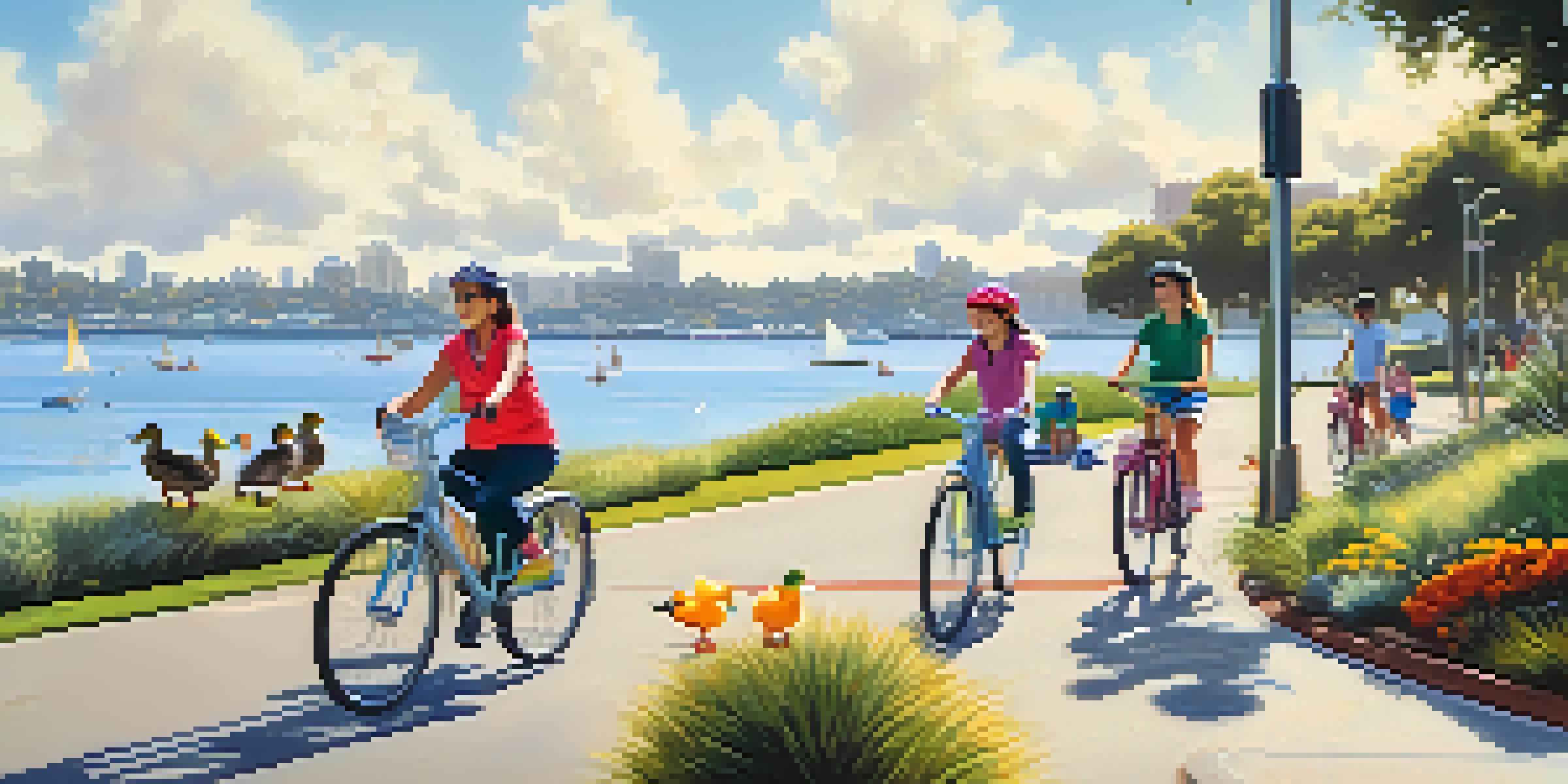 A family enjoying a bike ride on a sunny day along the Mission Bay Bike Path, with lush greenery and ducks in the water.