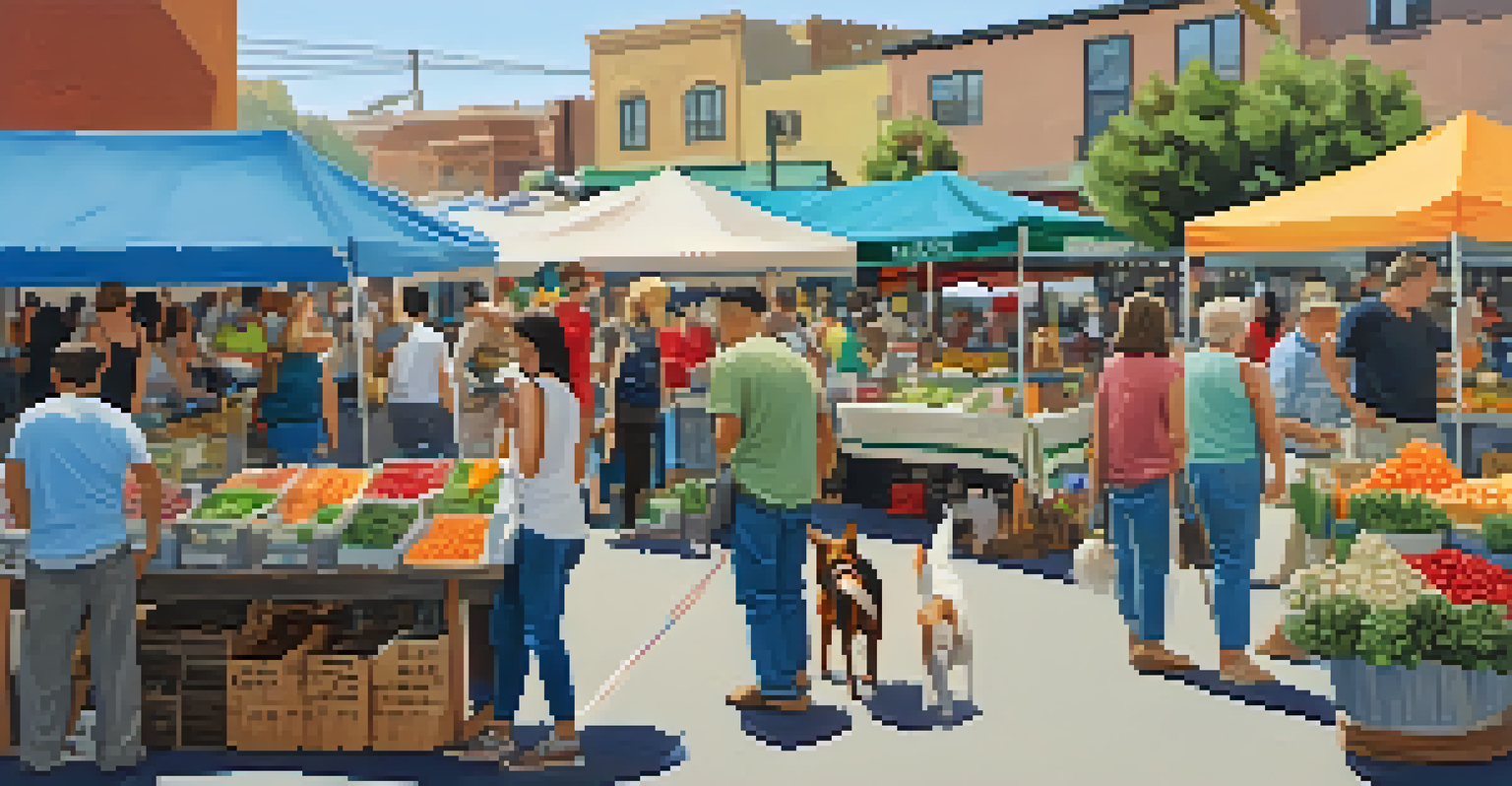 A dog-friendly farmers' market featuring various stalls with fresh produce and dog treats in Little Italy, San Diego.