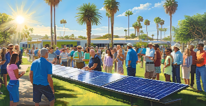A sunny community solar installation in San Diego with residents discussing solar energy benefits, palm trees, and a clear blue sky.