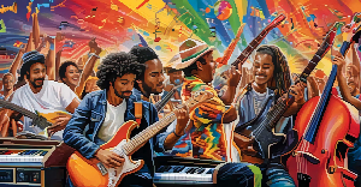 An artistic visual of musicians representing different genres at a San Diego music festival, with colorful sound waves and cultural symbols.