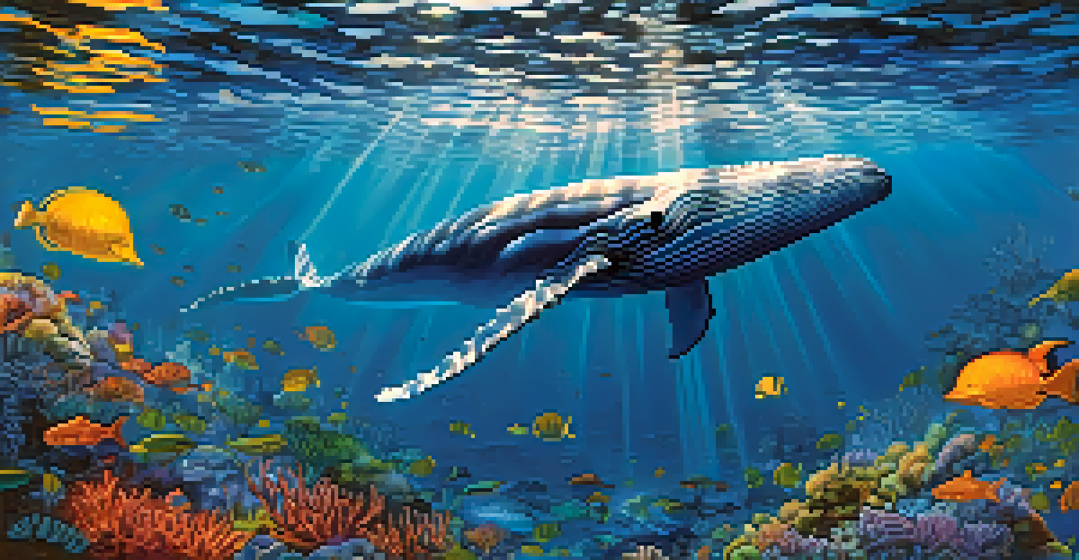 A blue whale swimming gracefully beneath the ocean surface with sunlight filtering through the water.