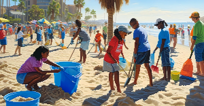 A diverse group of volunteers cleaning a beach in San Diego under a sunny sky, with palm trees in the background.