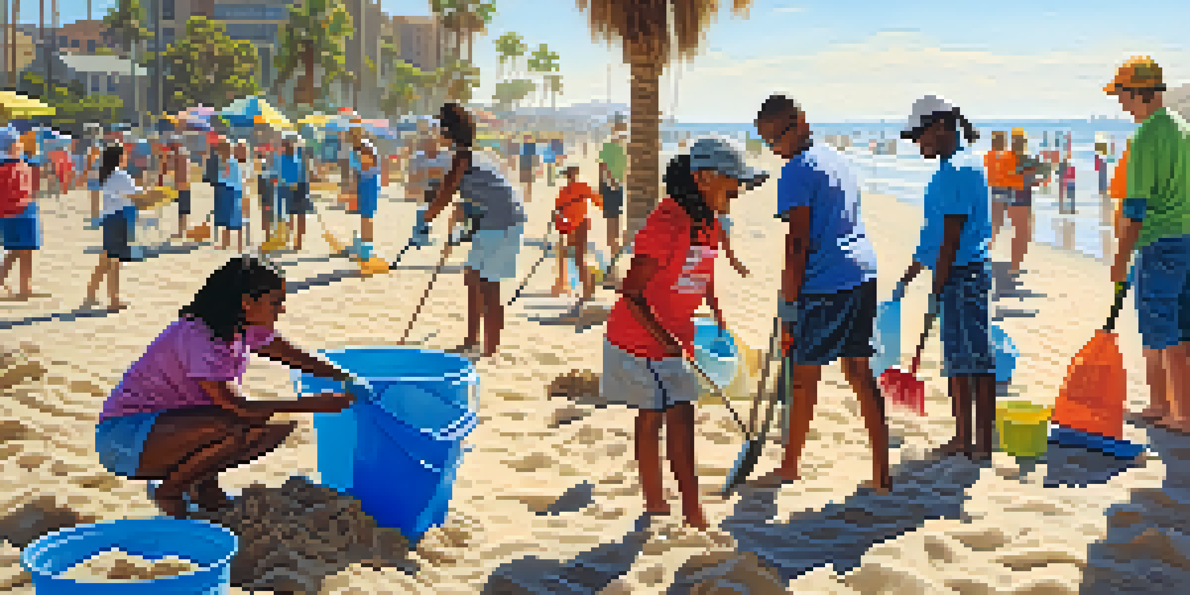 A diverse group of volunteers cleaning a beach in San Diego under a sunny sky, with palm trees in the background.