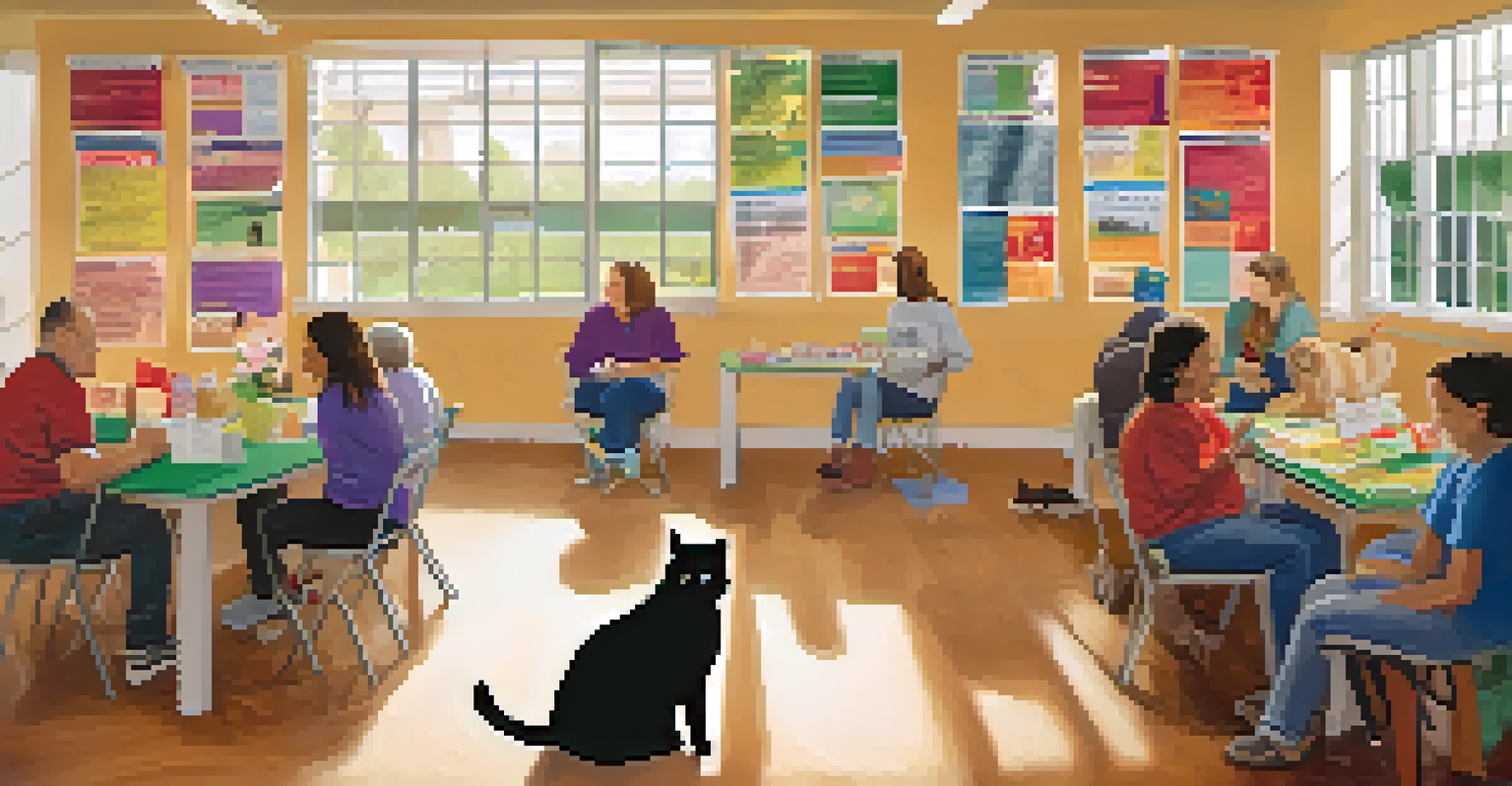 An indoor adoption event at an animal shelter with volunteers and visitors interacting, featuring a friendly cat on a table.