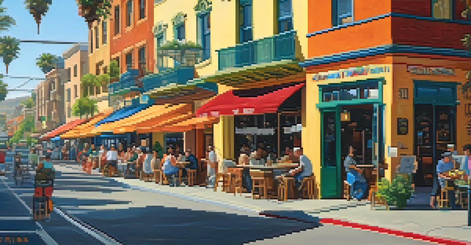 A vibrant street in Little Italy, San Diego, featuring colorful murals, outdoor cafes, and market stalls under bright sunlight.