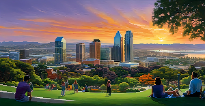 A sunset view of San Diego's skyline with modern buildings and a green park in the foreground.