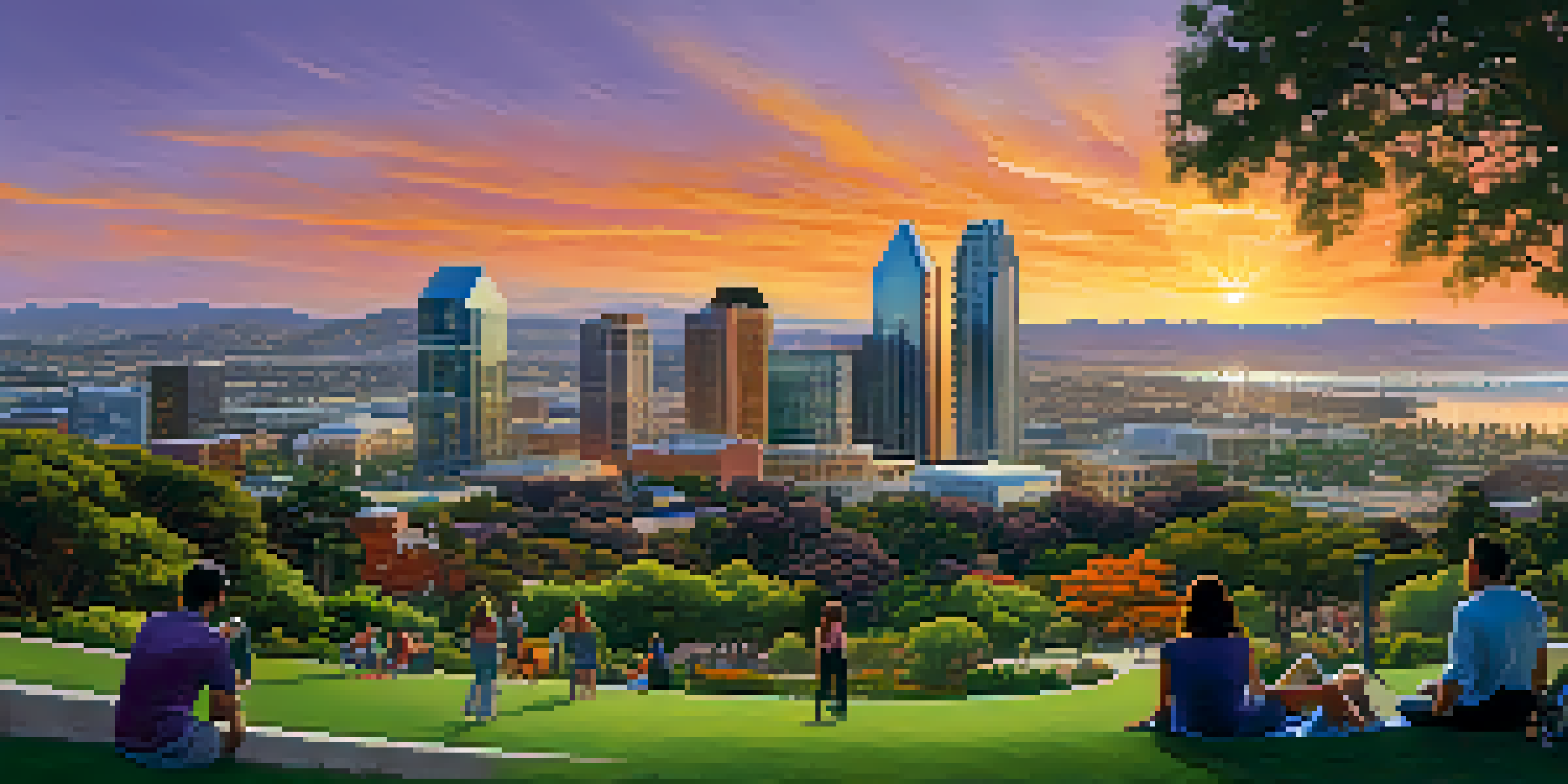 A sunset view of San Diego's skyline with modern buildings and a green park in the foreground.