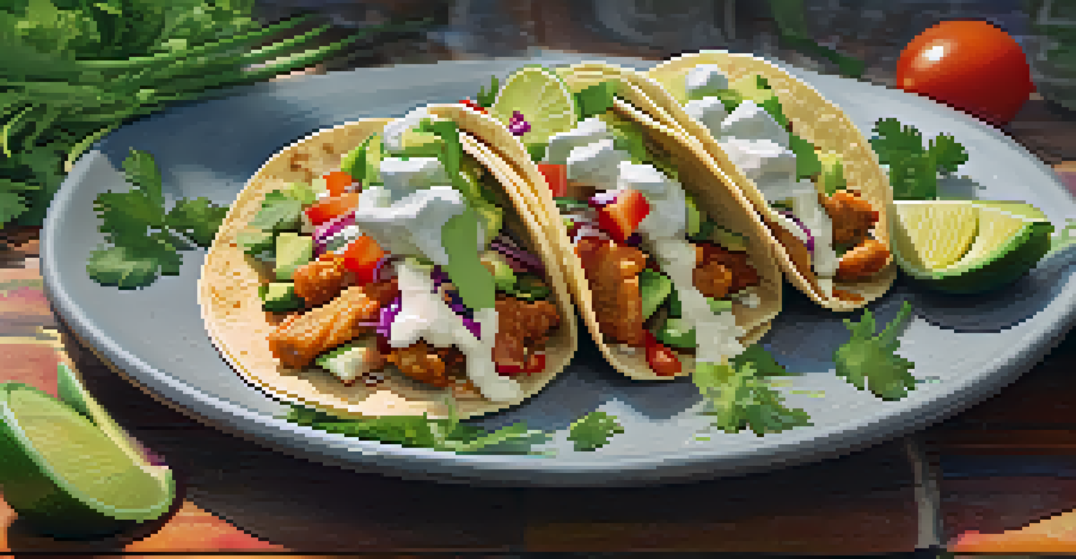 A close-up shot of a fresh fish taco garnished with avocado and lime, showcasing vibrant colors and textures.