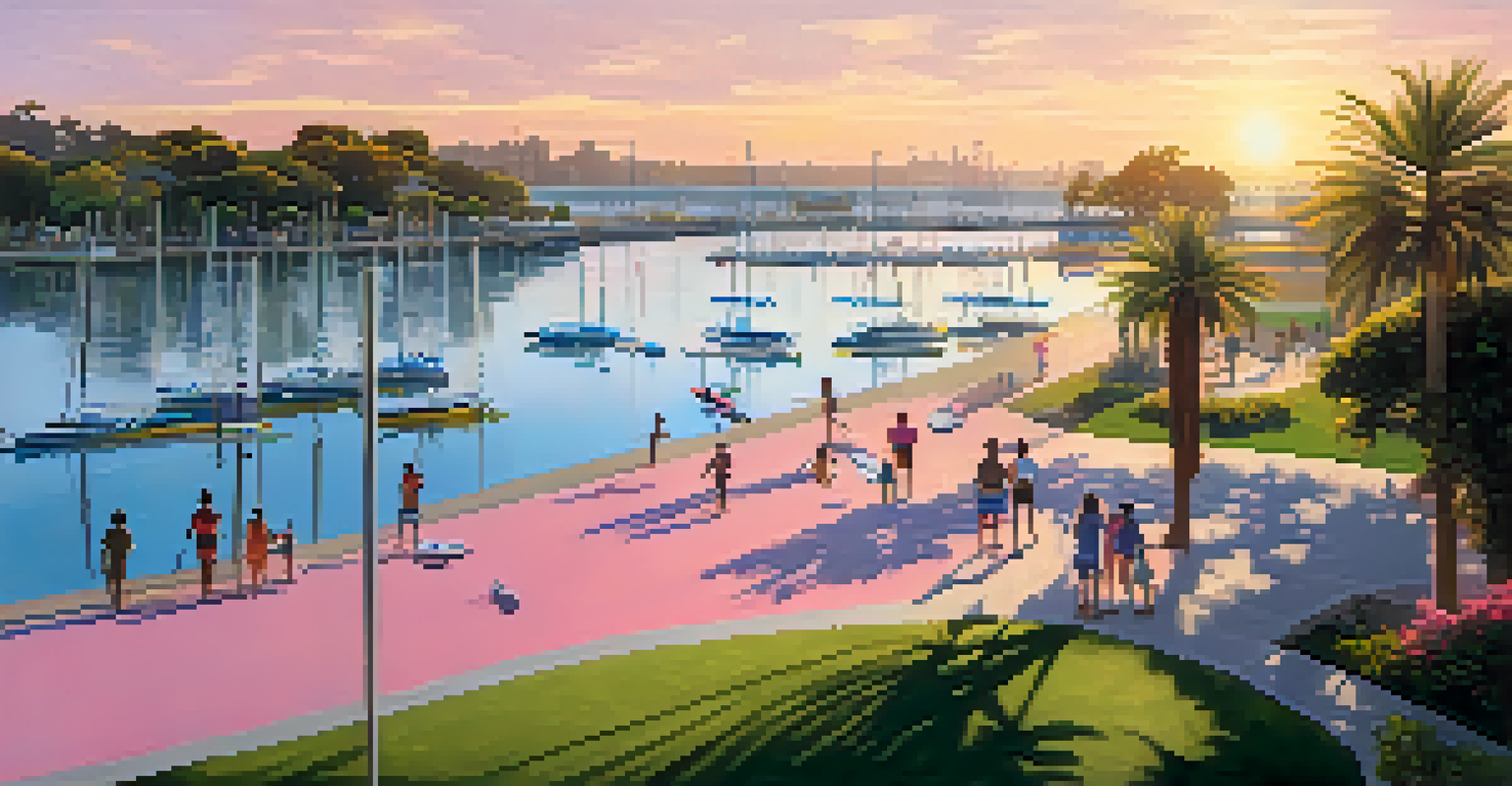 An aerial view of Mission Bay Park with paddleboarders and kayakers on the water, surrounded by greenery during sunset.