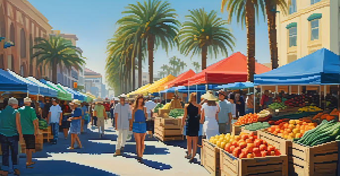 A bustling farmers' market filled with colorful fruits and vegetables, with shoppers and palm trees in a sunny setting.