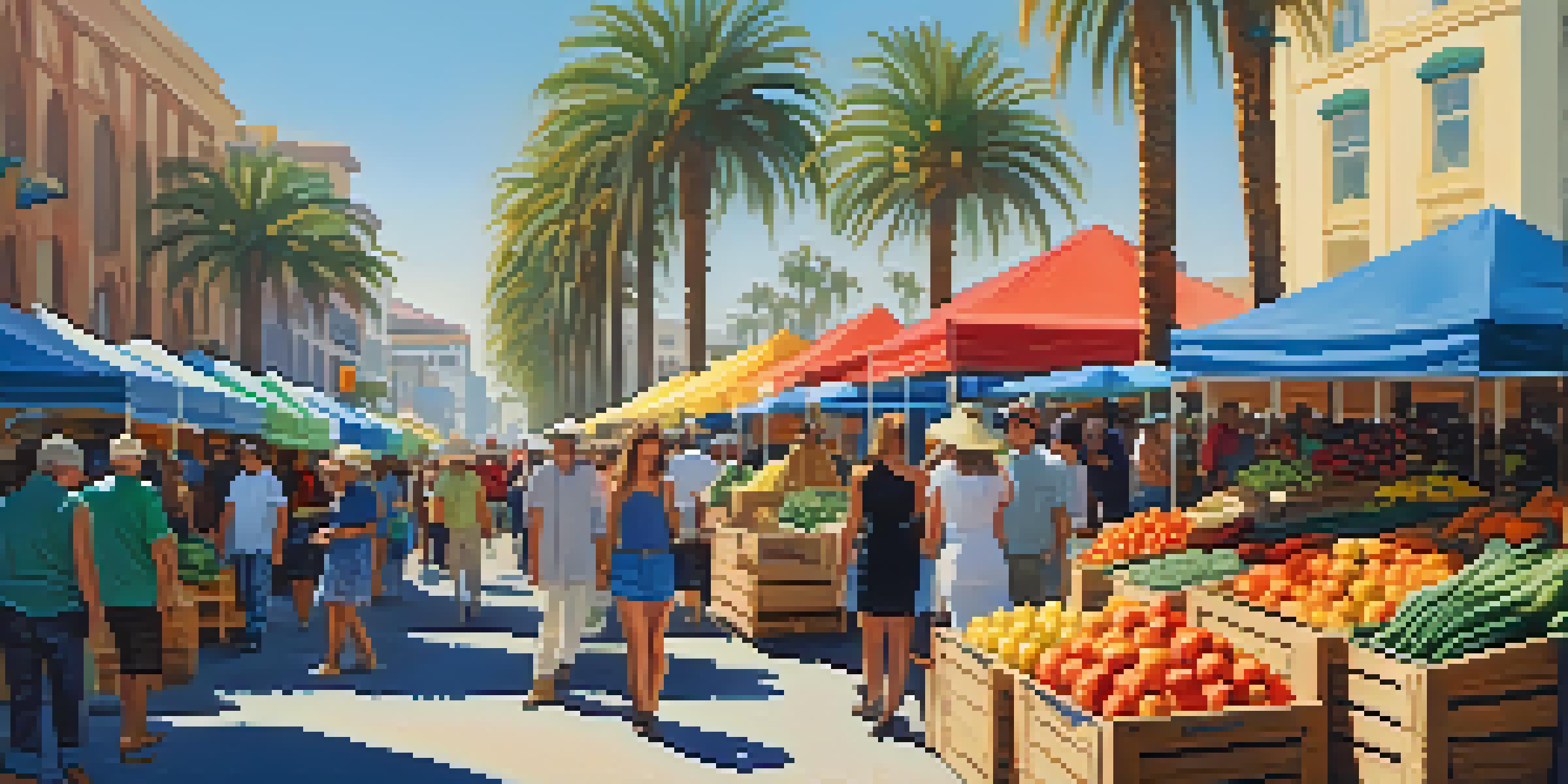A bustling farmers' market filled with colorful fruits and vegetables, with shoppers and palm trees in a sunny setting.
