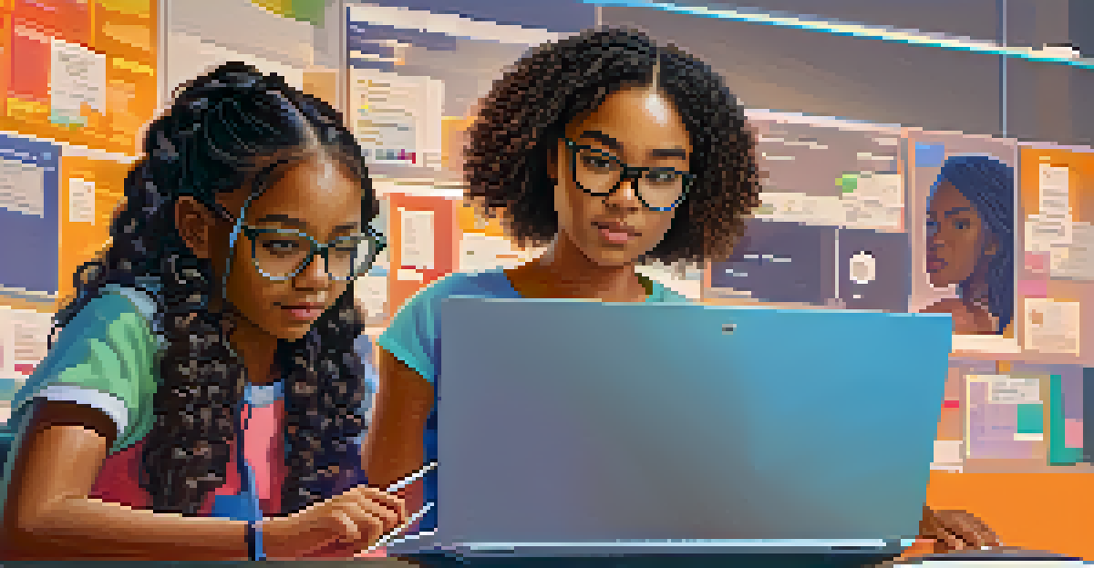 A young girl coding on a laptop in a modern workshop, with a supportive mentor guiding her in a bright and tech-filled environment.