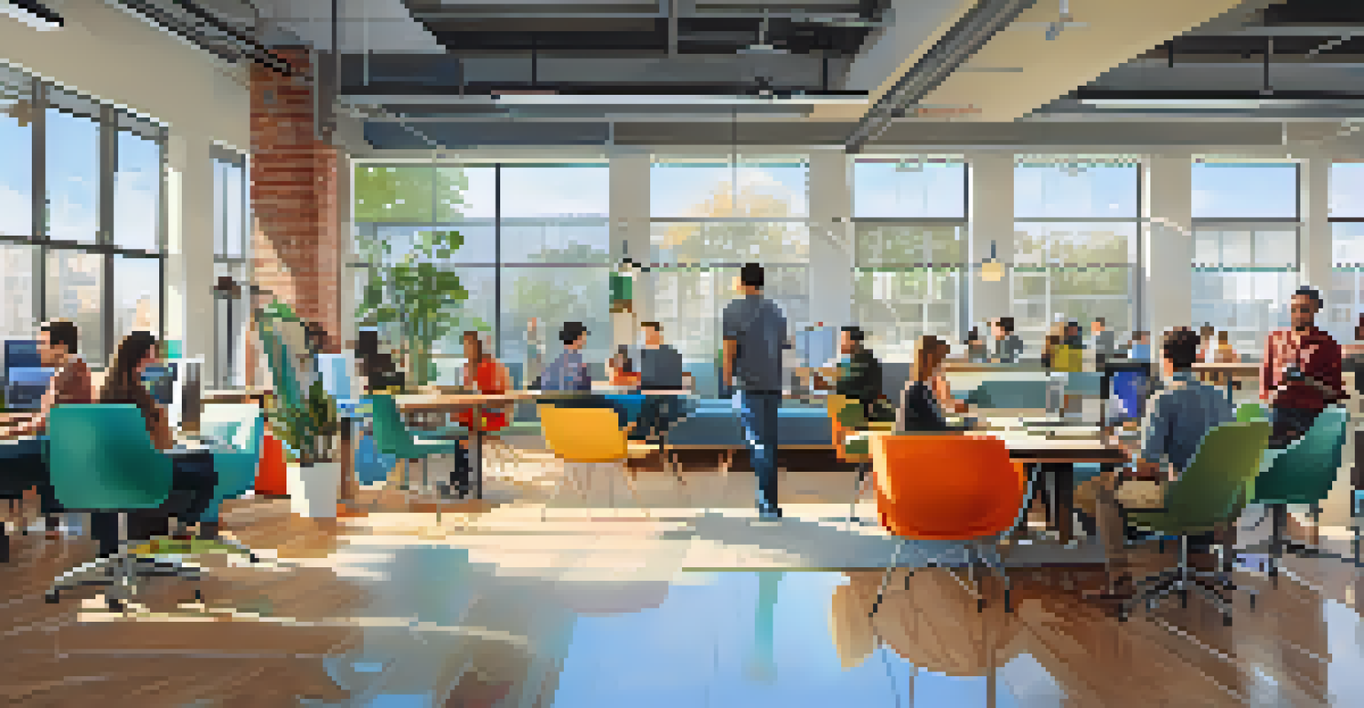 A vibrant coworking space in San Diego with diverse people working together on tech projects, filled with colorful furniture and natural light.