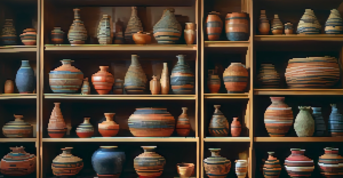 A display of traditional Kumeyaay baskets and pottery in a museum, featuring intricate designs and warm colors.