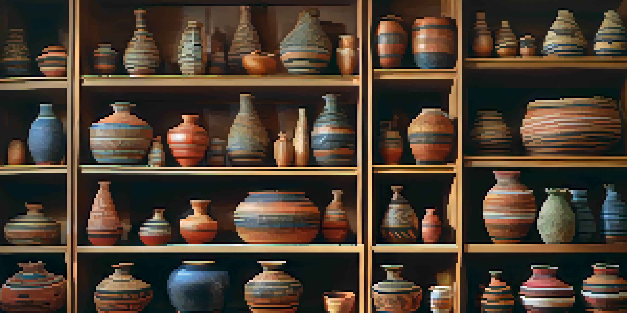 A display of traditional Kumeyaay baskets and pottery in a museum, featuring intricate designs and warm colors.