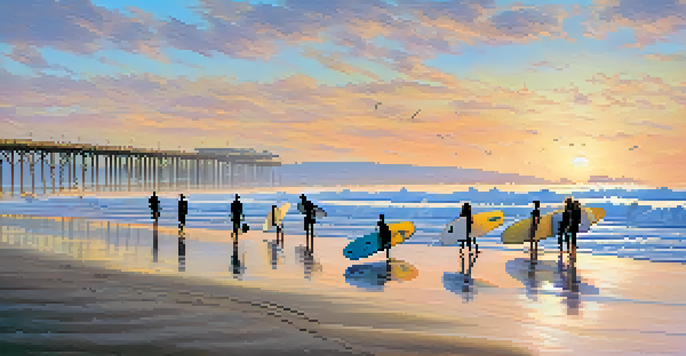 A beautiful sunrise at Pacific Beach with surfers and colorful longboards on the sandy shore.