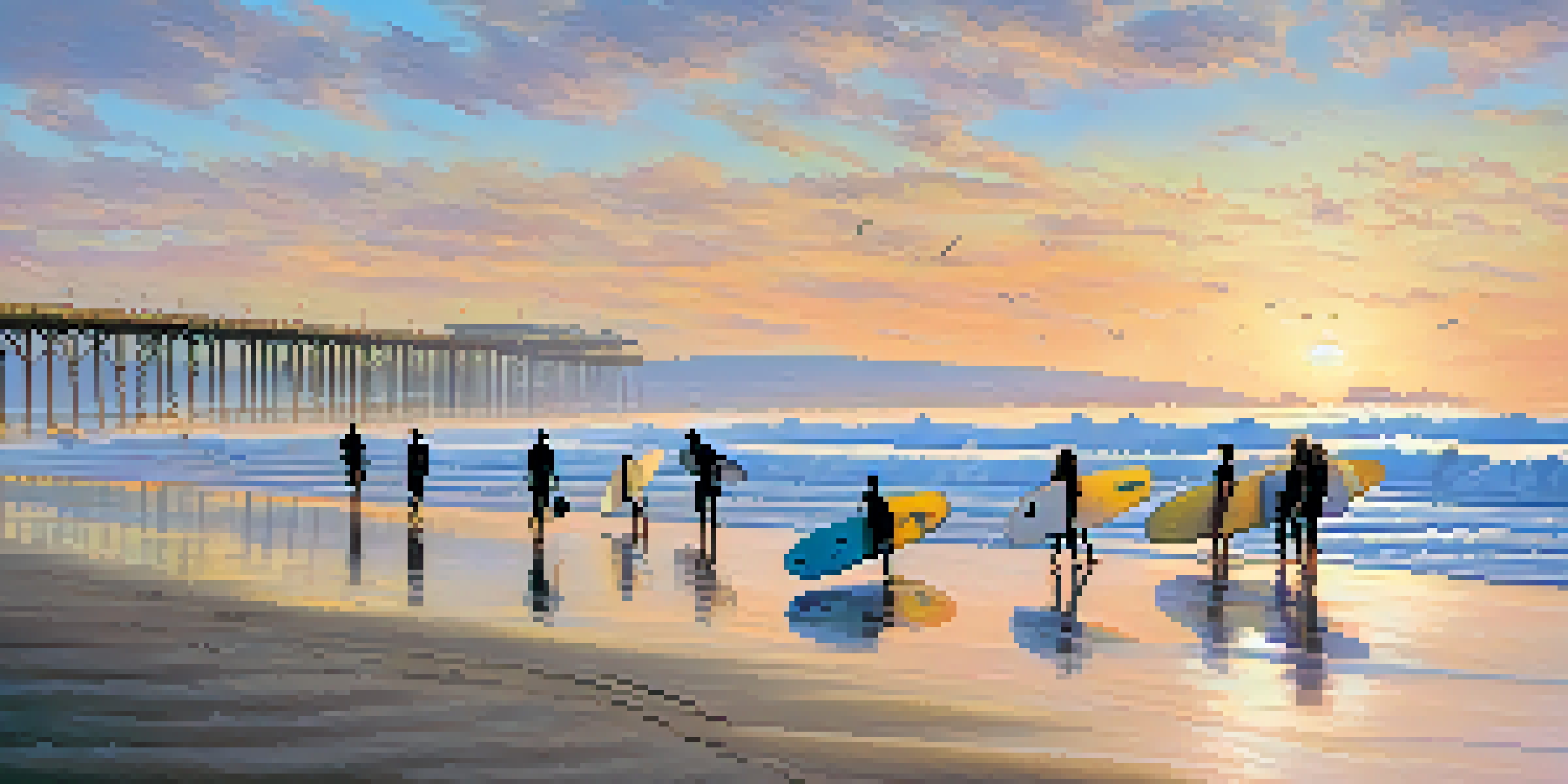 A beautiful sunrise at Pacific Beach with surfers and colorful longboards on the sandy shore.