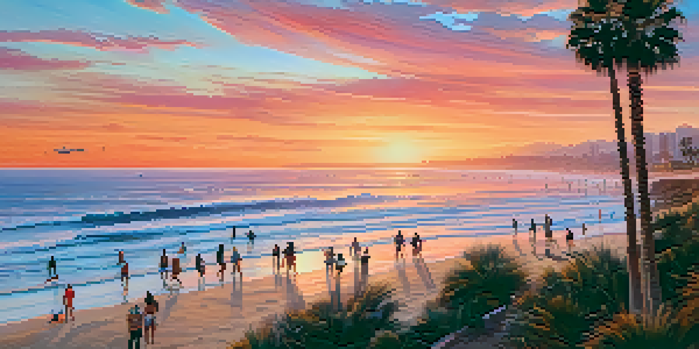 Aerial view of San Diego's coastline at sunset with vibrant colors in the sky and people on the beach.