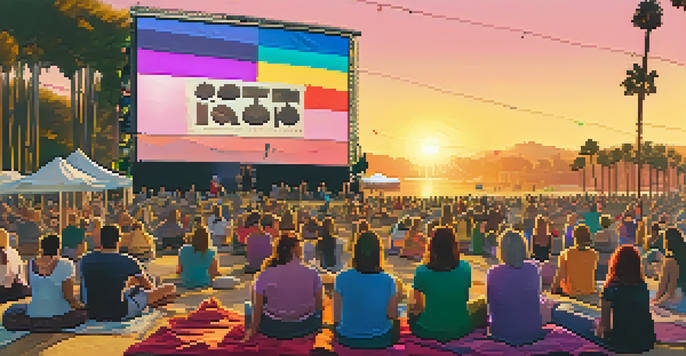 A lively outdoor film festival in San Diego with diverse attendees and colorful pride flags.