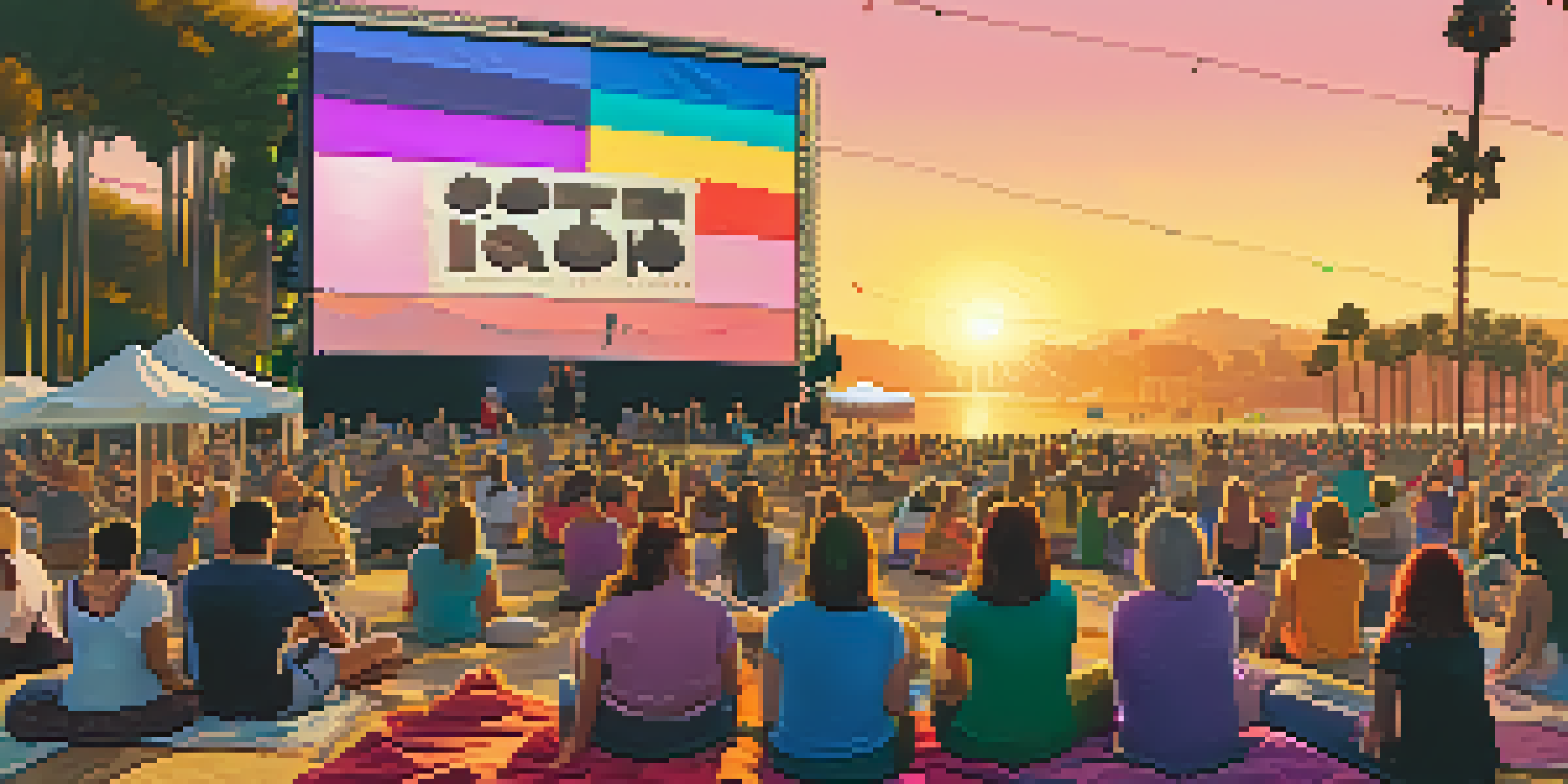 A lively outdoor film festival in San Diego with diverse attendees and colorful pride flags.