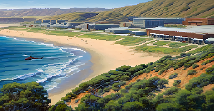 A panoramic view of Marine Corps Base Camp Pendleton with rugged hills, sandy beaches, and military personnel training under a blue sky.