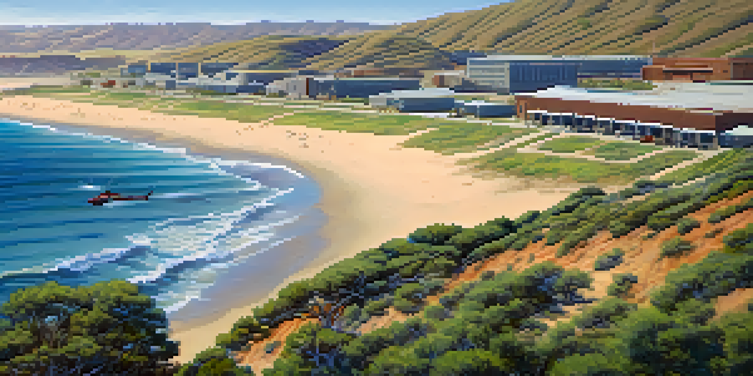 A panoramic view of Marine Corps Base Camp Pendleton with rugged hills, sandy beaches, and military personnel training under a blue sky.