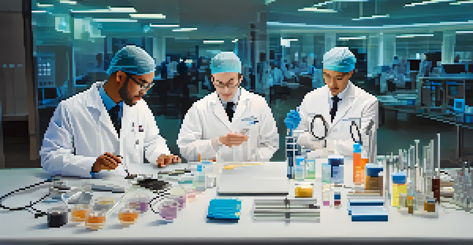 A collaborative workspace of a medical device startup with diverse team members discussing prototypes and technologies.