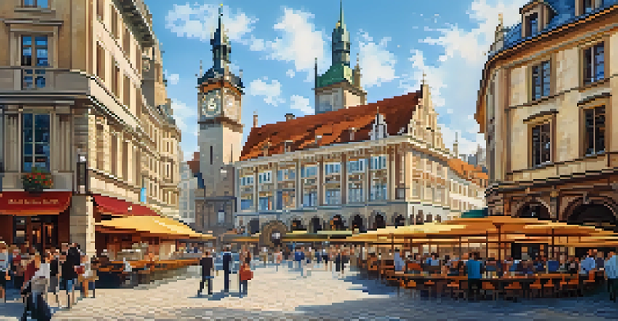 A vibrant Old Town Square with historic buildings and the Astronomical Clock, filled with people and cafes.