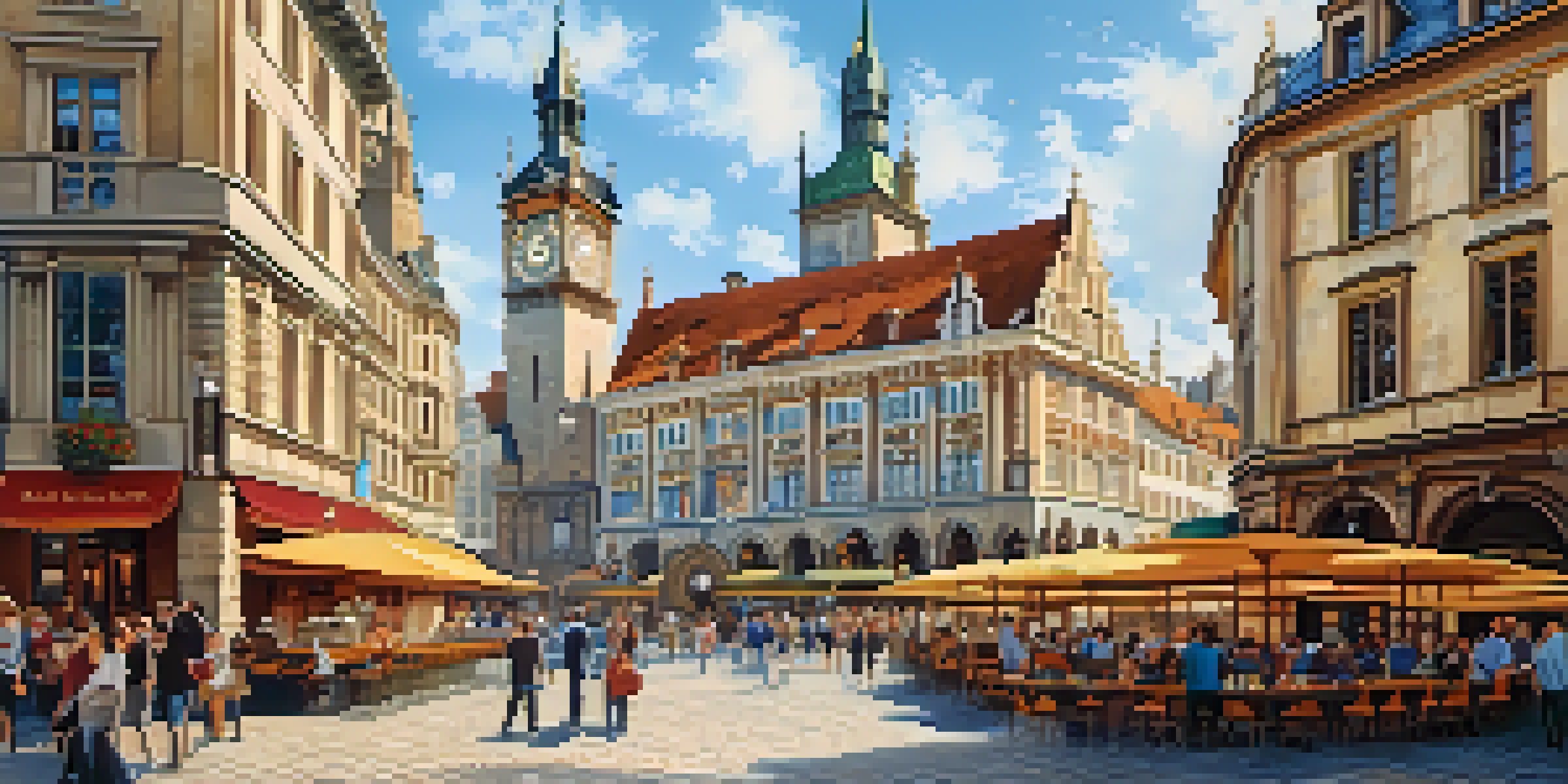 A vibrant Old Town Square with historic buildings and the Astronomical Clock, filled with people and cafes.