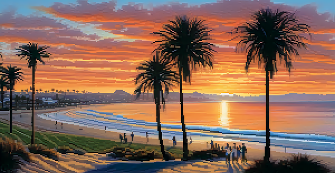 A colorful sunset over the San Diego coastline with silhouettes of palm trees and people walking on the beach.