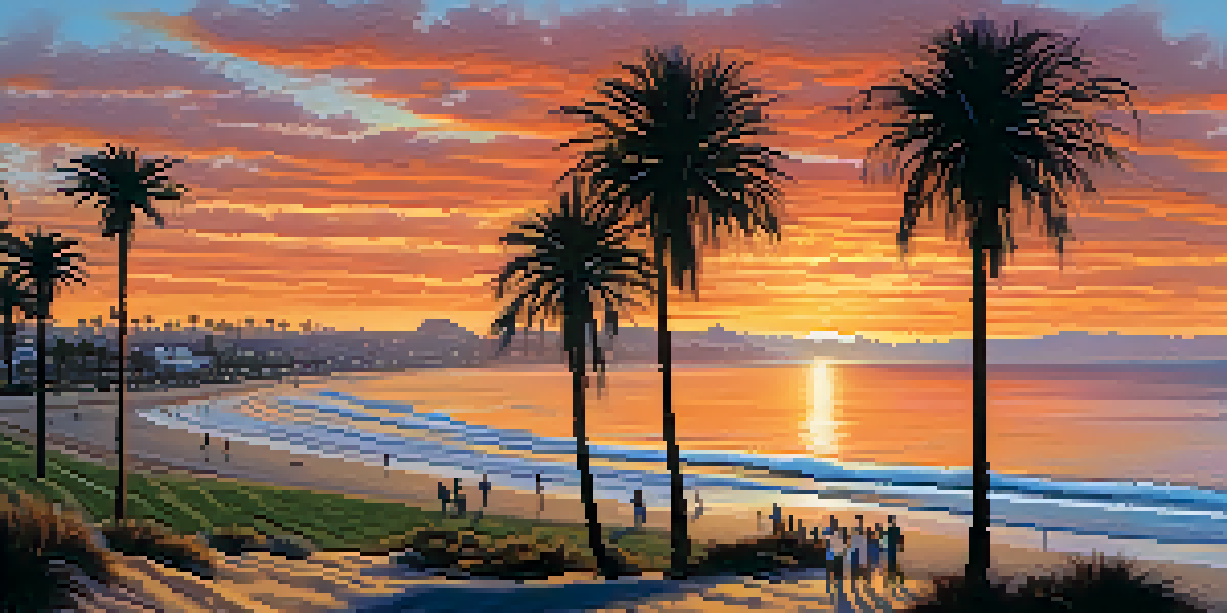 A colorful sunset over the San Diego coastline with silhouettes of palm trees and people walking on the beach.