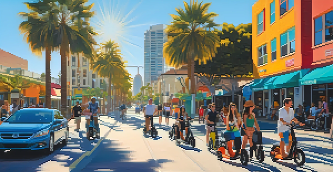 A lively street in San Diego with people riding electric scooters, bicycles, and waiting for public transit under a bright sunny sky.
