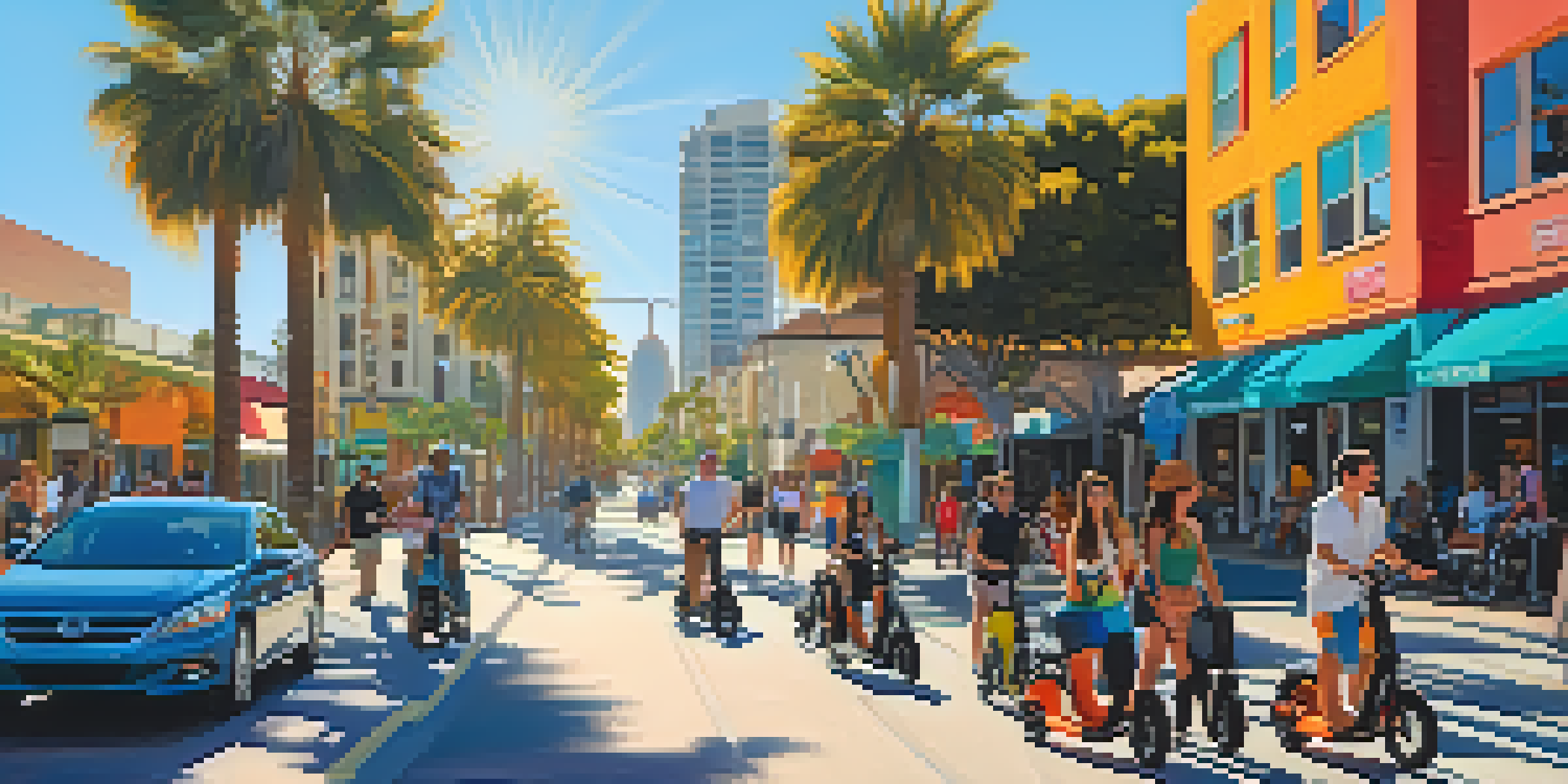 A lively street in San Diego with people riding electric scooters, bicycles, and waiting for public transit under a bright sunny sky.