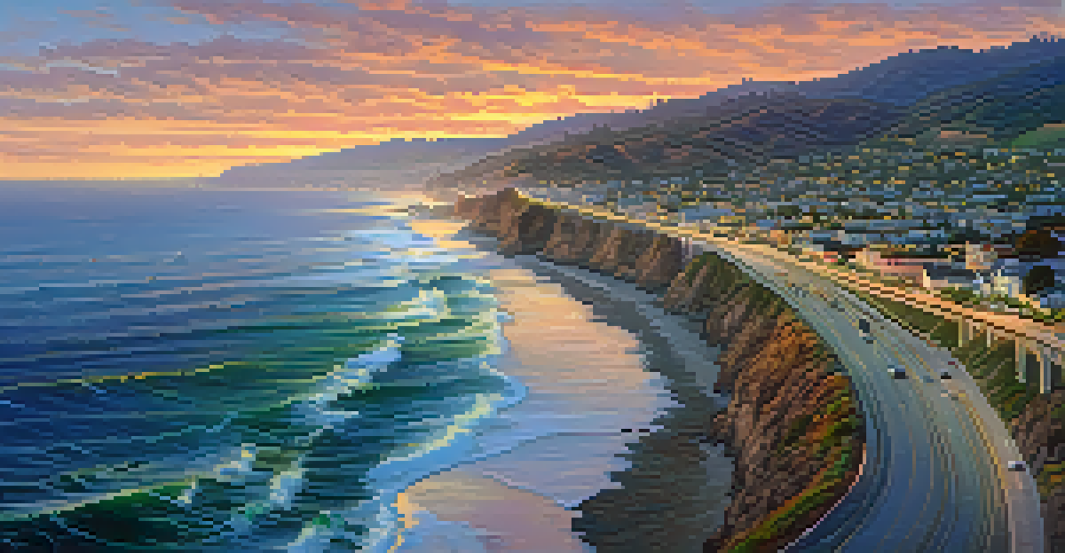 Aerial view of the Pacific Coast Highway at sunset with colorful beach towns and surfers in the ocean.
