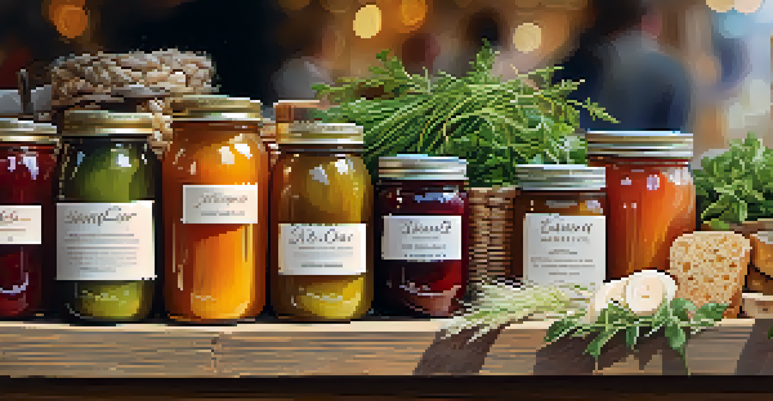A rustic wooden table featuring artisanal goods like candles and jams at a farmers market, with market-goers in the background.