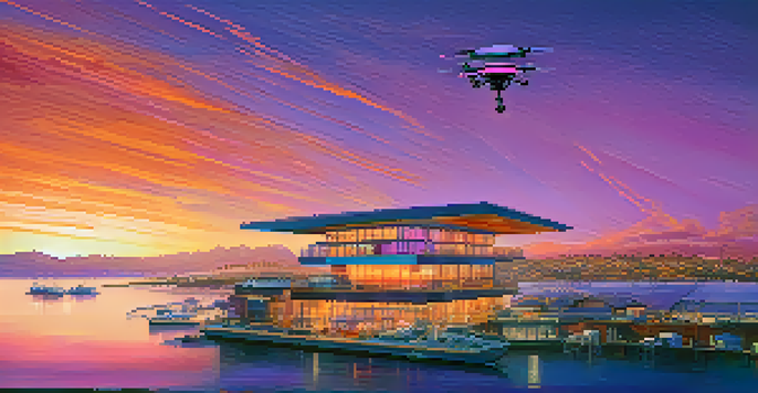 A sunset view of San Diego's coastline featuring a marine research facility and a flying drone over the ocean.