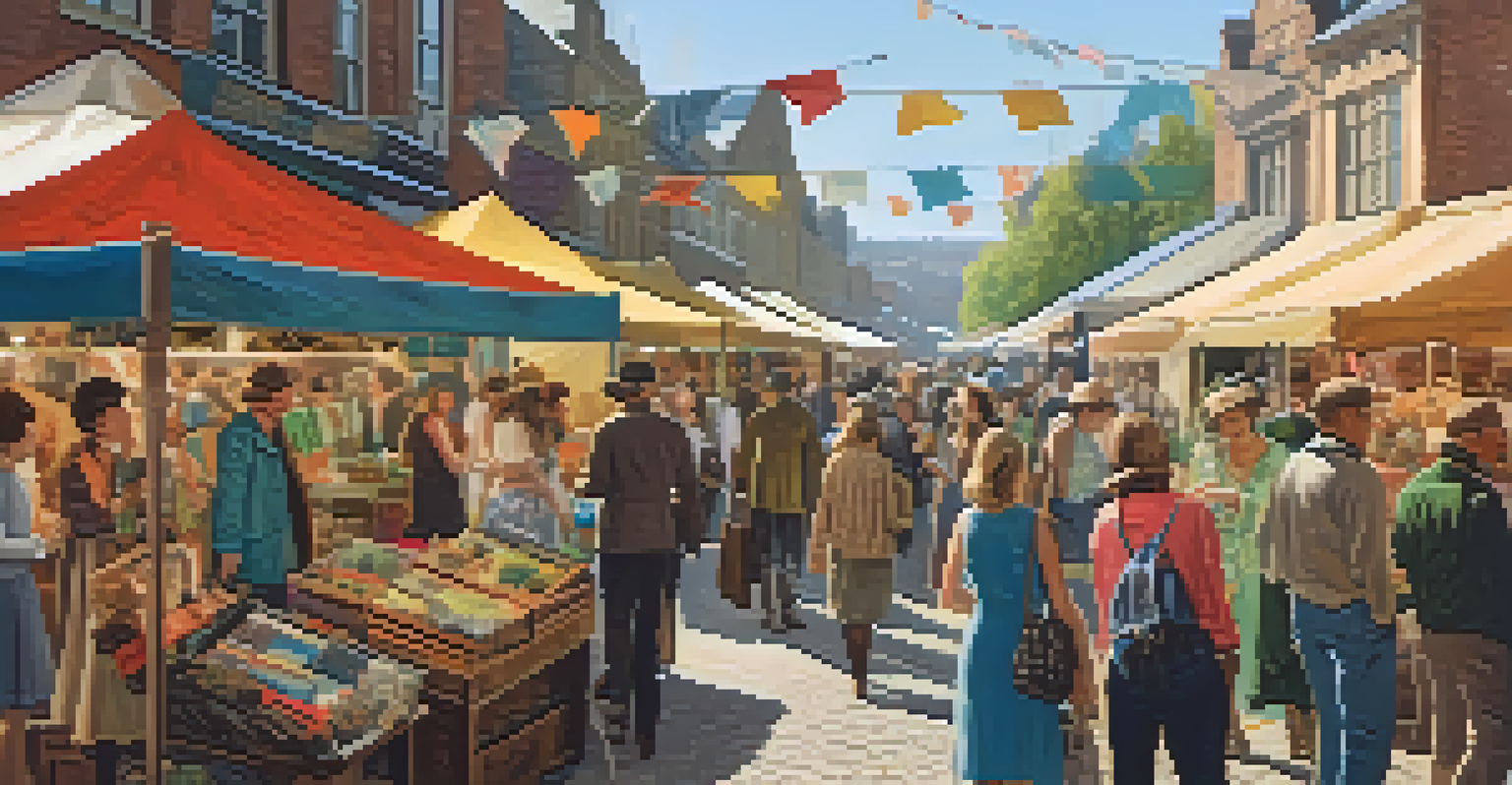 A vibrant outdoor vintage market with shoppers exploring colorful stalls filled with vintage items.