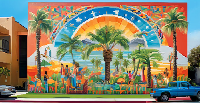 A colorful mural representing San Diego's culture with palm trees and ocean waves, surrounded by greenery and people.