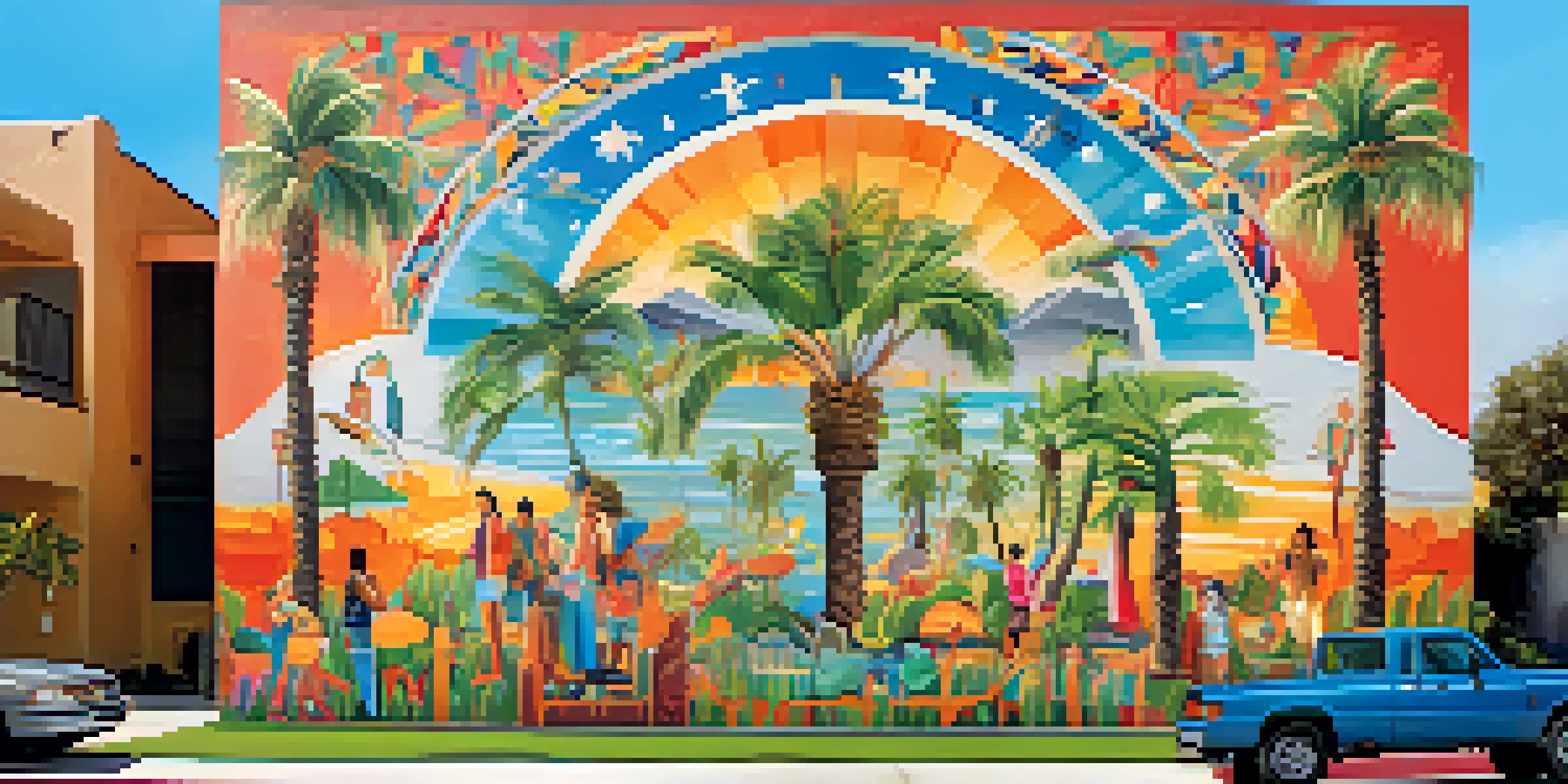 A colorful mural representing San Diego's culture with palm trees and ocean waves, surrounded by greenery and people.