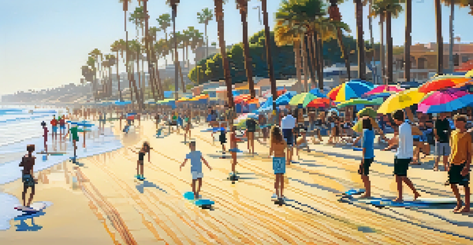 A sunny beach scene in San Diego with surfers on waves and skateboarders on the boardwalk, surrounded by palm trees and colorful beach umbrellas.