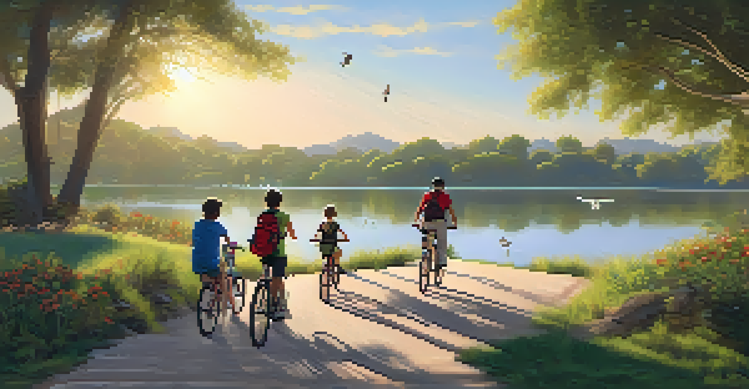 A family enjoying a hike around Lake Miramar with lush greenery and calm waters.