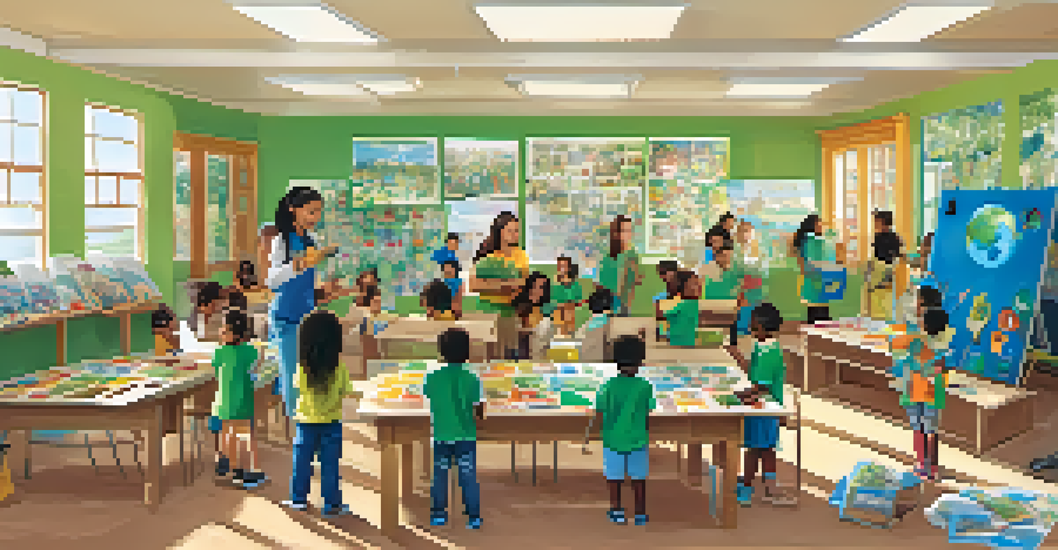 Children participating in a workshop on recycling and sustainability at a community center, surrounded by colorful educational posters.