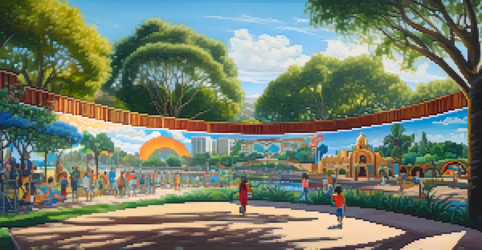 Chicano Park in San Diego with vibrant murals and families enjoying the day.