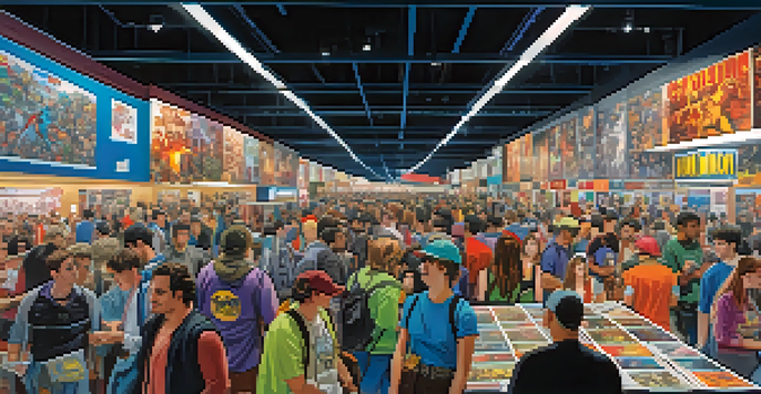A lively Comic-Con exhibit hall filled with attendees and colorful booths featuring comic books and collectibles.