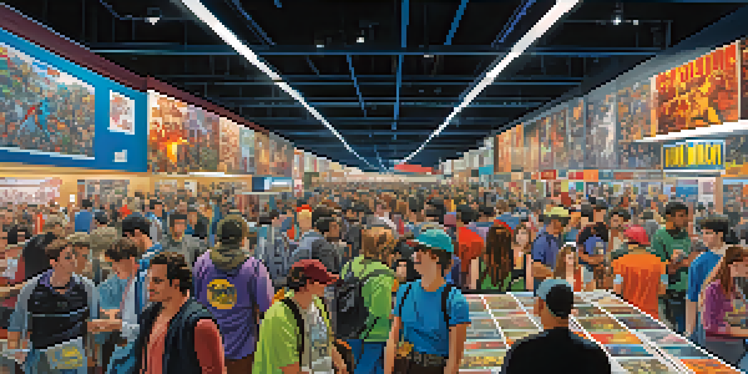 A lively Comic-Con exhibit hall filled with attendees and colorful booths featuring comic books and collectibles.
