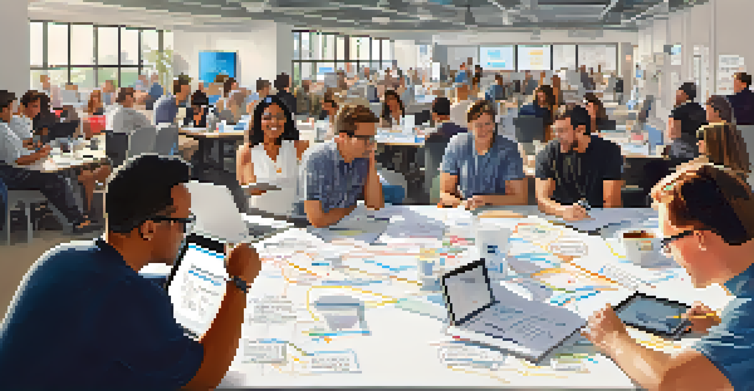 A creative workshop during Startup Week in San Diego with entrepreneurs collaborating at tables filled with laptops and notes.